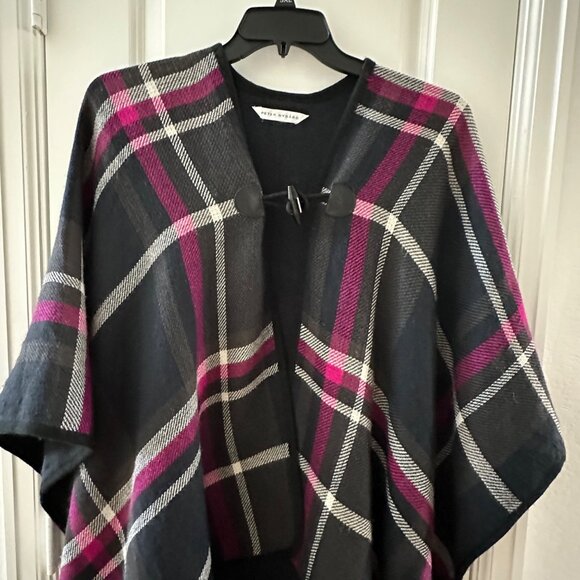 Peter Nygard Womens Plaid Poncho With Toggle Closure Black Pink One Size Fits Mo - Picture 4 of 7